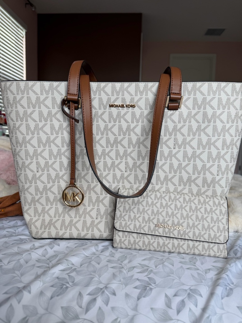 Michael Kors Jet Set Travel Signature Tote and Wallet in Vanilla/Acorn